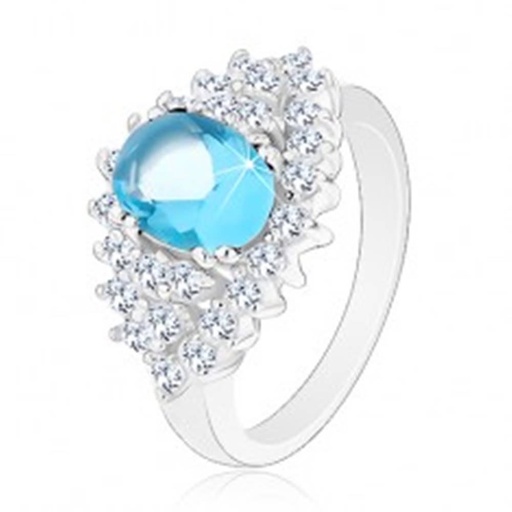 Šperky eshop Trblietavý prsteň so svetlomodrým oválnym zirkónom, číra zirkónová obruba - Veľkosť: 48 mm