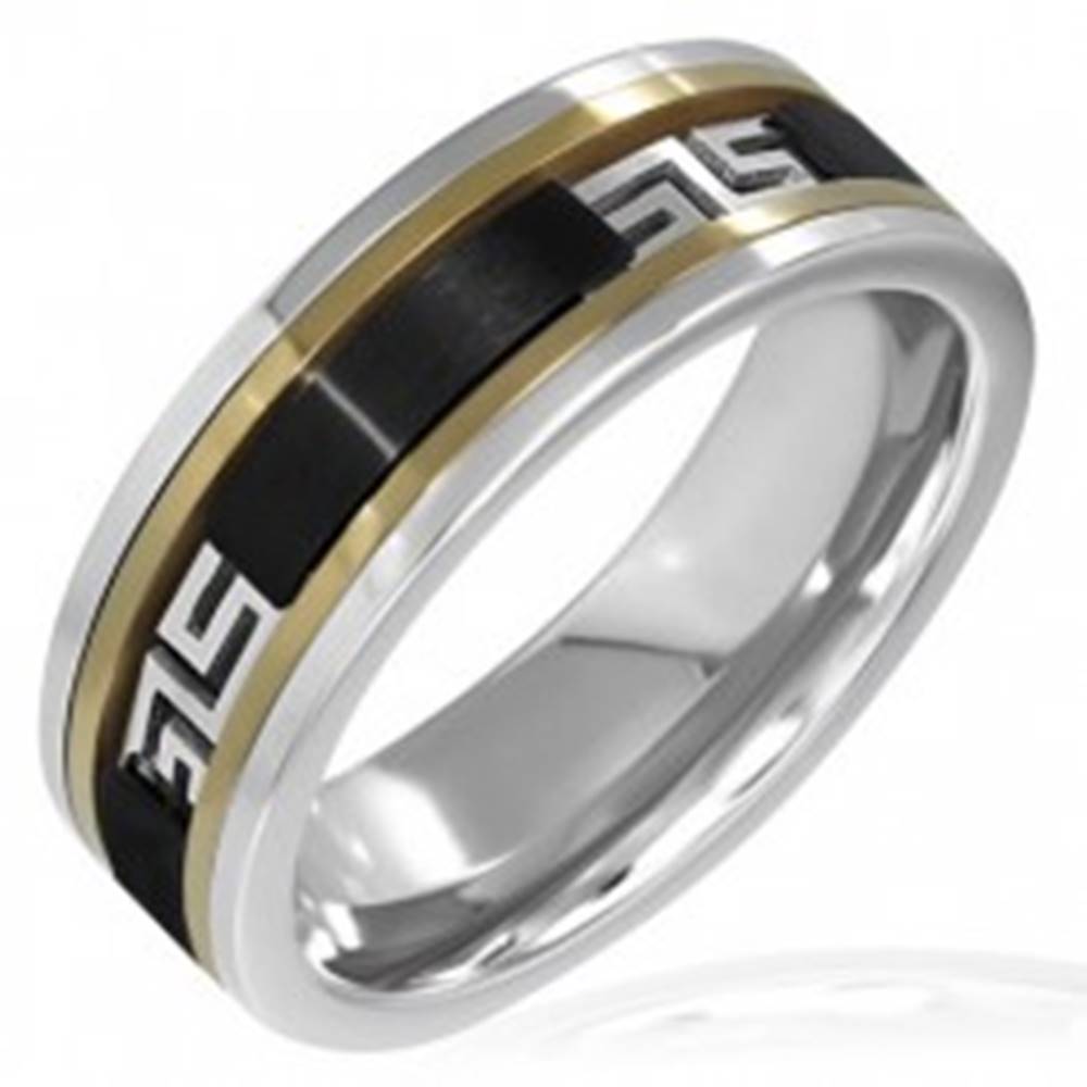 Šperky eshop Trojfarebný prsteň - čierny pás, grécky vzor - Veľkosť: 55 mm