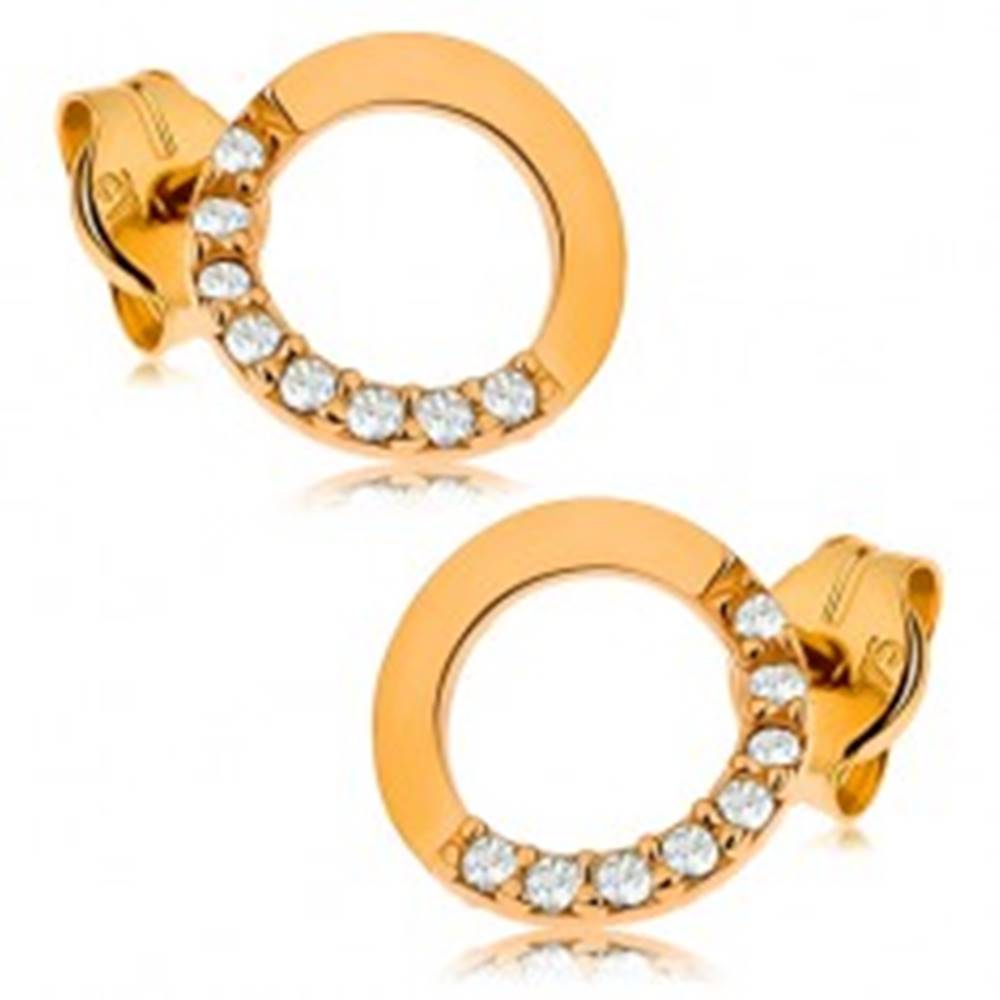 Šperky eshop Zlaté náušnice 375 - obrys kruhu s čírou zirkónovou polovicou, 7 mm