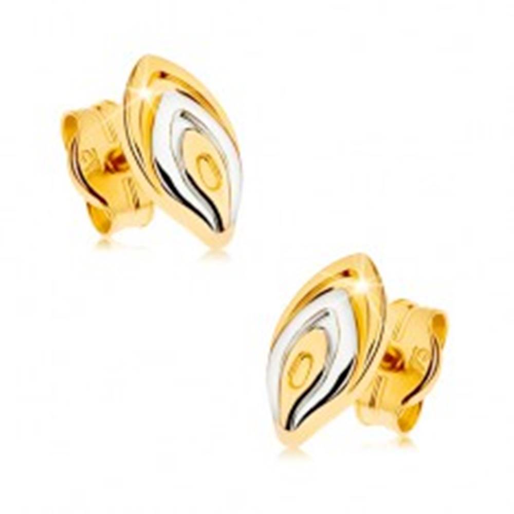 Šperky eshop Zlaté puzetové náušnice 375 - dvojfarebný lupeň kvetu, ródiovaný povrch