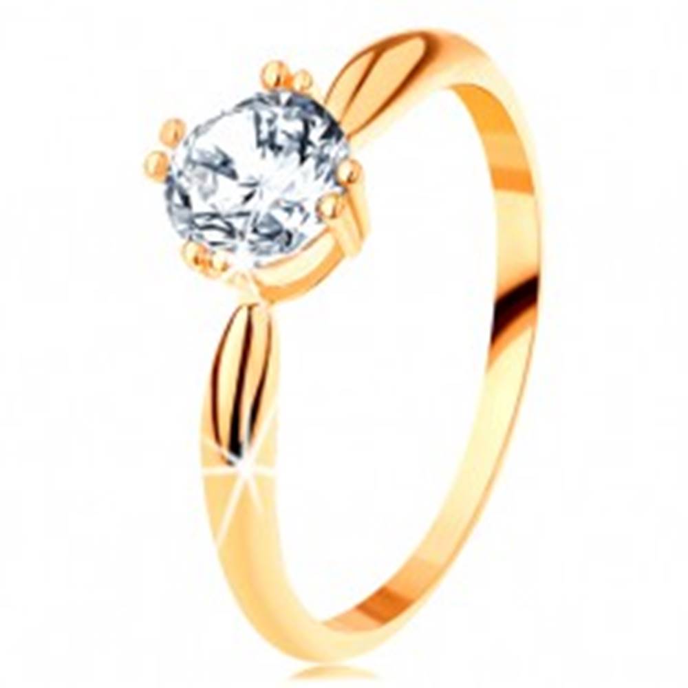 Šperky eshop Zlatý zásnubný prsteň 585 - zaoblené ramená, žiarivý okrúhly zirkón čírej farby - Veľkosť: 50 mm