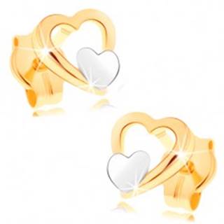 Náušnice zo 14K zlata - lesklý obrys srdca, malé ploché srdiečko v bielom zlate