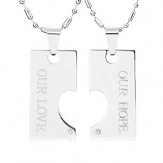 Oceľové náhrdelníky pre dvoch, známka s výrezom polovičného srdca, nápis