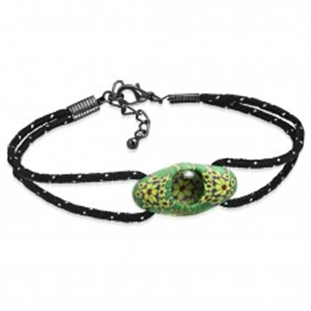 Šperky eshop Čierny šnúrkový náramok, zelená oválna FIMO korálka, žlté kvety - Dĺžka: 180 mm