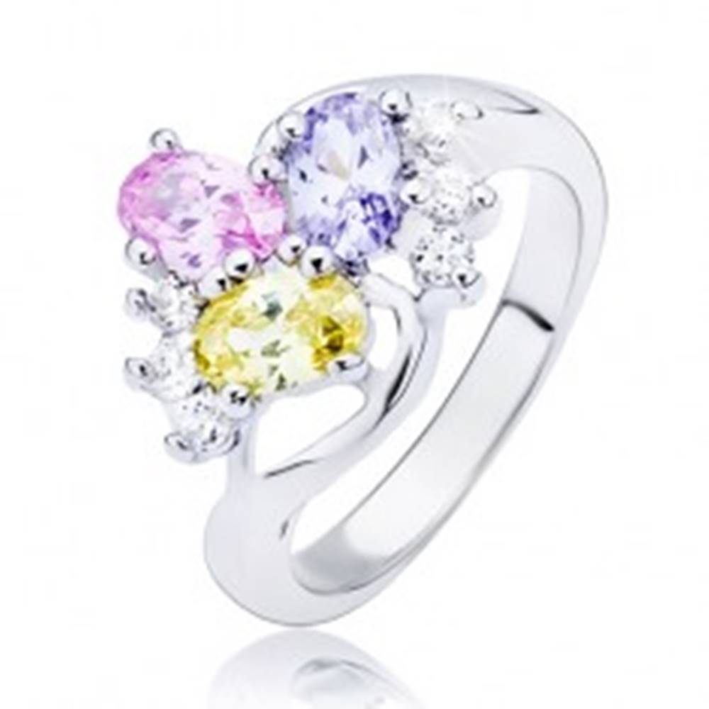 Šperky eshop Lesklý prsteň - zvlnená línia a farebné oválne zirkóny - Veľkosť: 49 mm