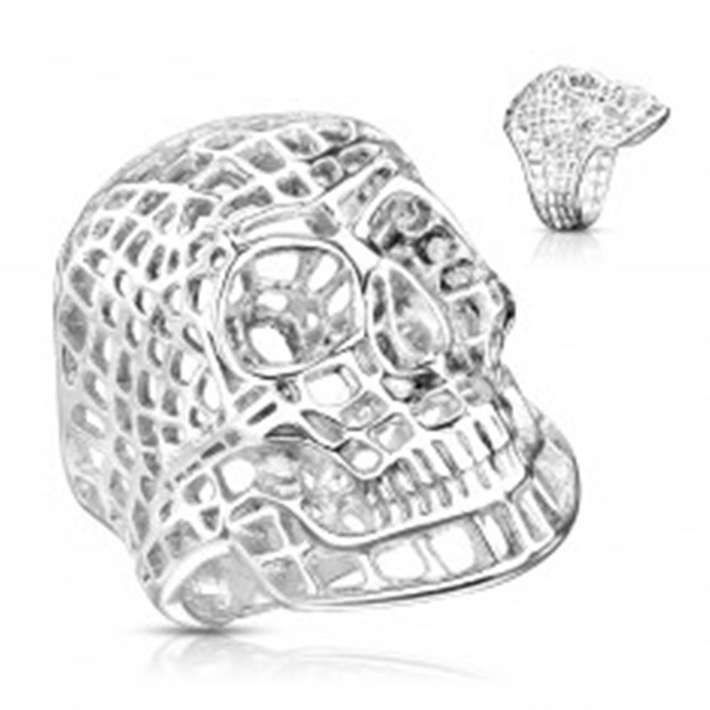 Šperky eshop Masívny oceľový prsteň v striebornom odtieni, sieťovaná lebka - Veľkosť: 58 mm