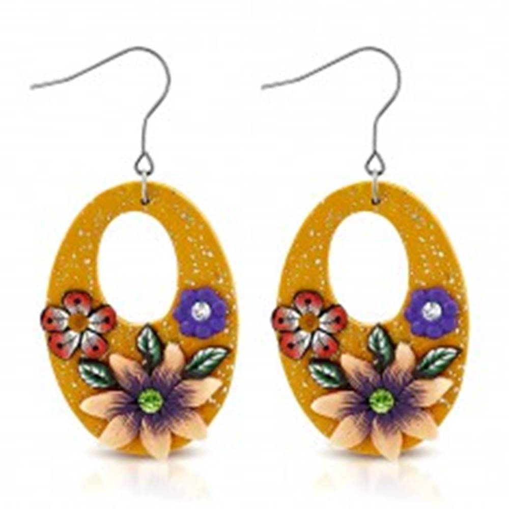 Šperky eshop Náušnice FIMO, visiace oranžové ovály s kvetmi a výrezmi