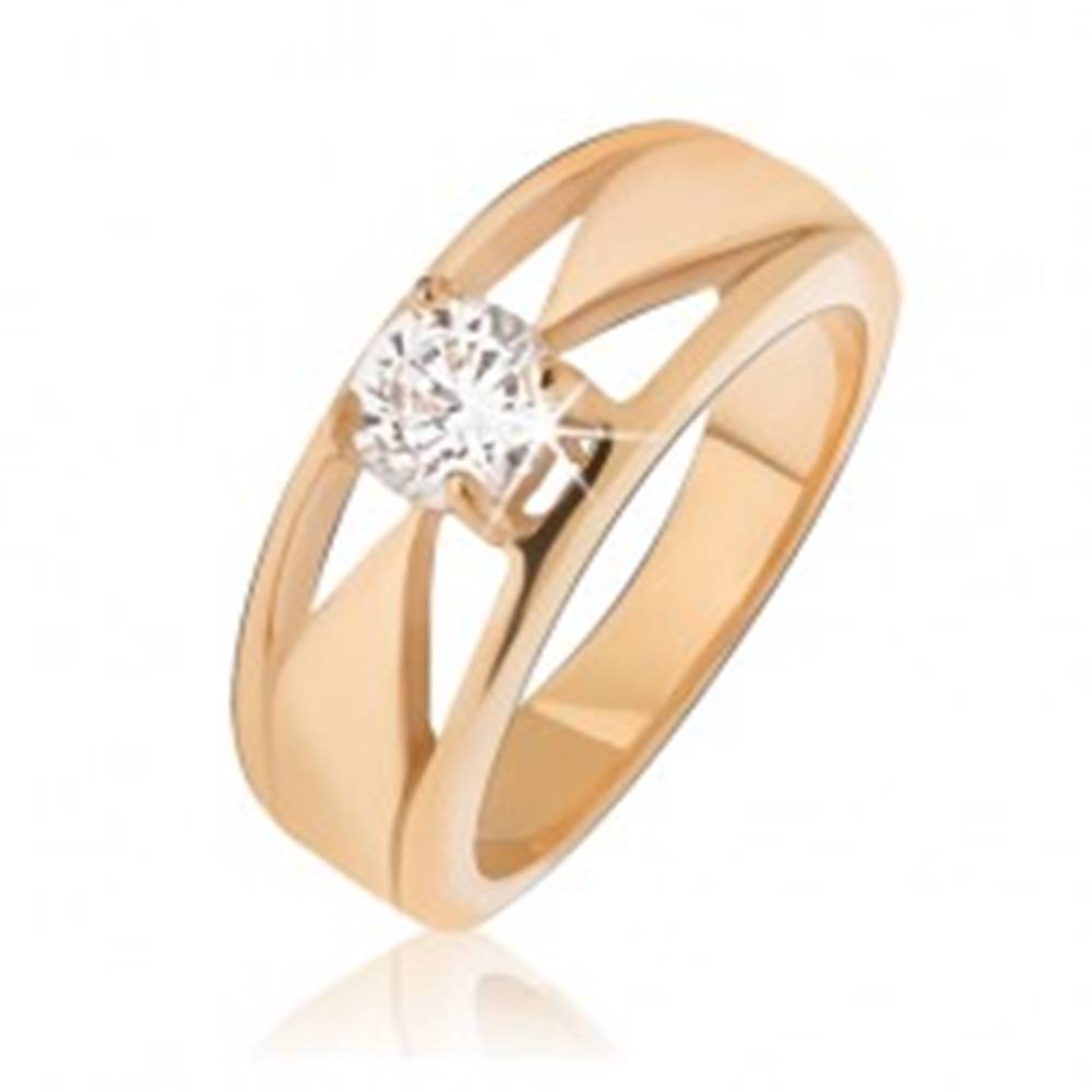 Šperky eshop Oceľový prsteň zlatej farby, číry zirkón, trojuholníkové výrezy - Veľkosť: 49 mm