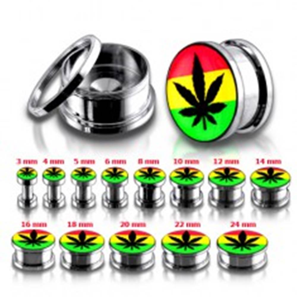 Šperky eshop Oceľový tunel plug do ucha, marihuana a rasta farby - Hrúbka: 10 mm