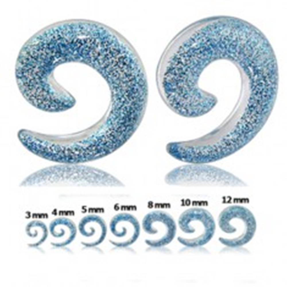 Šperky eshop Priehľadný expander do ucha - špirála s modrými trblietkami - Hrúbka: 10 mm