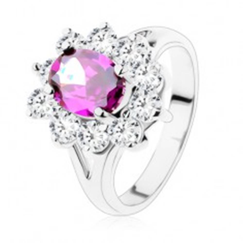 Šperky eshop Prsteň s rozdelenými ramenami, fialový ovál s trblietavou zirkónovou obrubou - Veľkosť: 48 mm