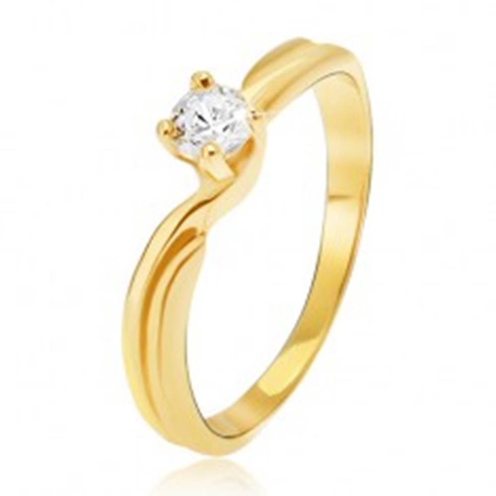 Šperky eshop Prsteň v žltom 14K zlate - rozdvojené ramená, okrúhly kamienok v kotlíku - Veľkosť: 49 mm