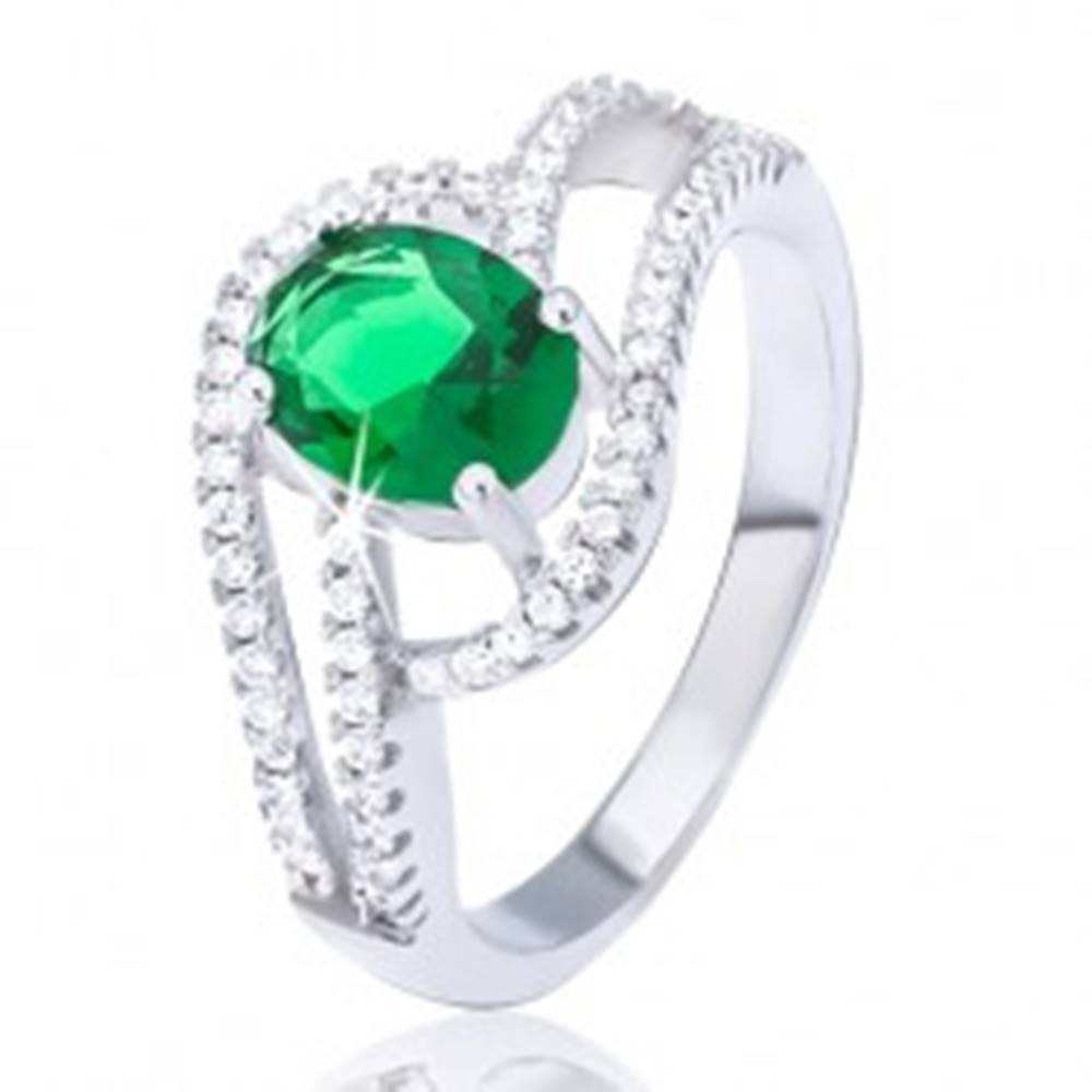 Šperky eshop Prsteň zo striebra 925, zdvojená zirkónová vlnka, oválny zelený kamienok - Veľkosť: 51 mm