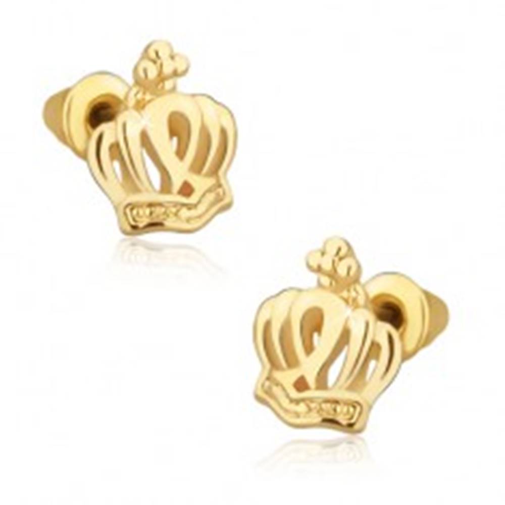 Šperky eshop Puzetové náušnice zlatej farby, kráľovská koruna