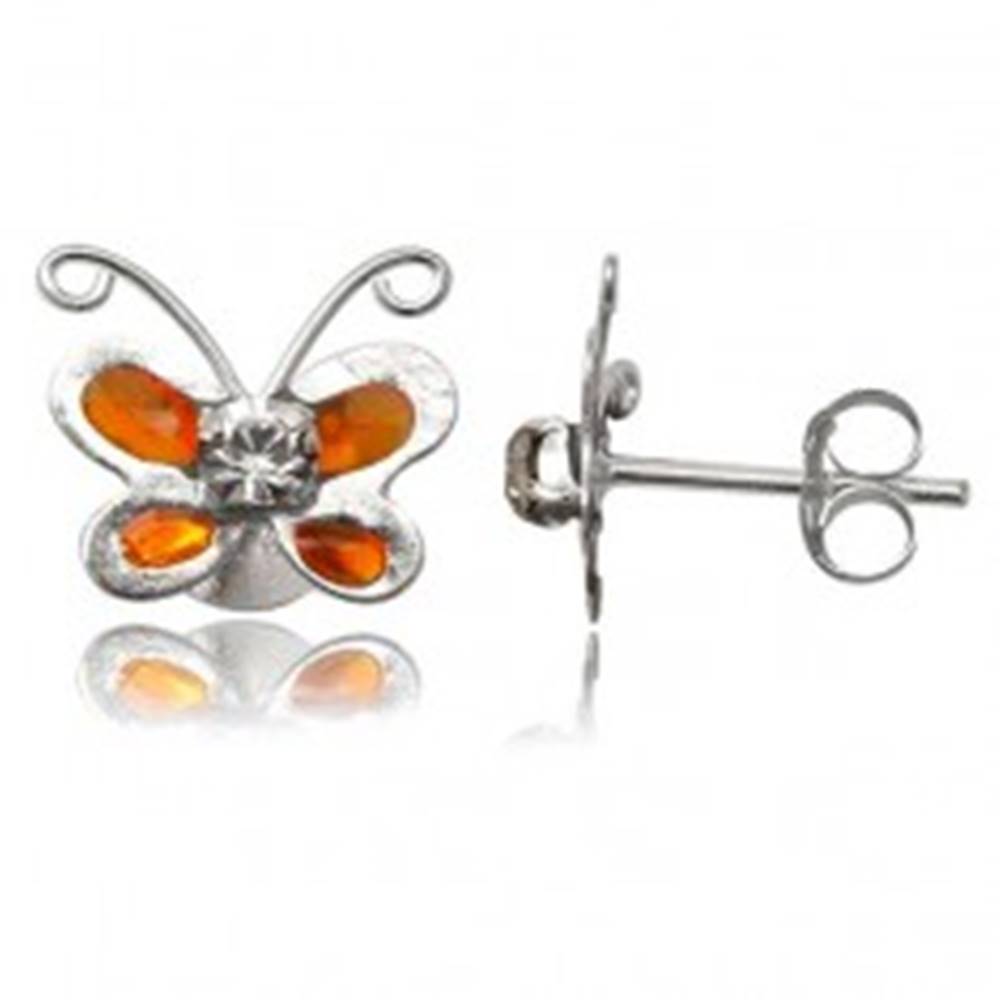 Šperky eshop Strieborné náušnice 925 - oranžový motýlik s čírym zirkónom
