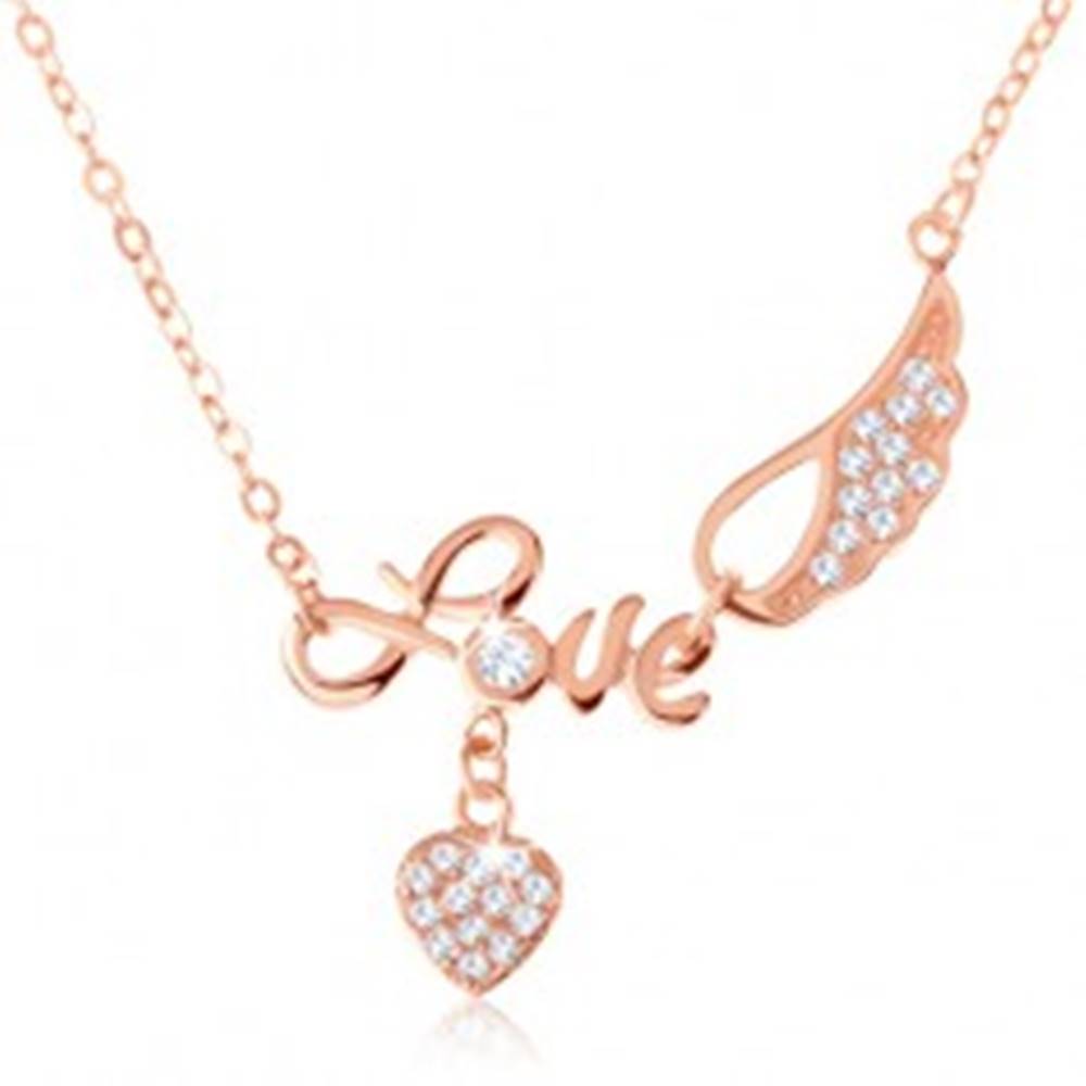 Šperky eshop Strieborný náhrdelník 925, medená farba, nápis "Love", anjelské krídlo, srdce