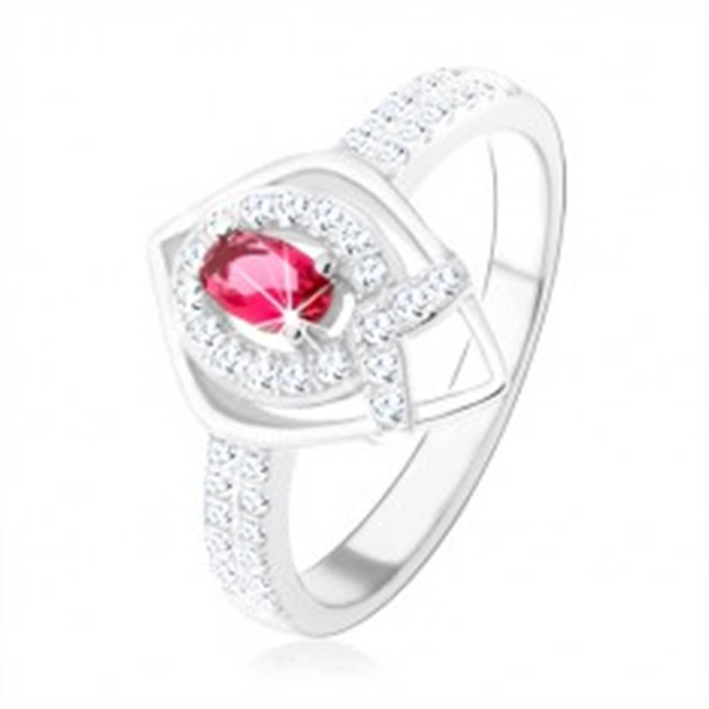 Šperky eshop Strieborný prsteň 925, obrys špicatej slzy, ružový zirkón, línia v tvare "V" - Veľkosť: 50 mm