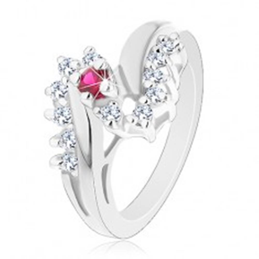 Šperky eshop Trblietavý prsteň s rozdelenými ramenami, červený okrúhly zirkón, číra línia - Veľkosť: 51 mm