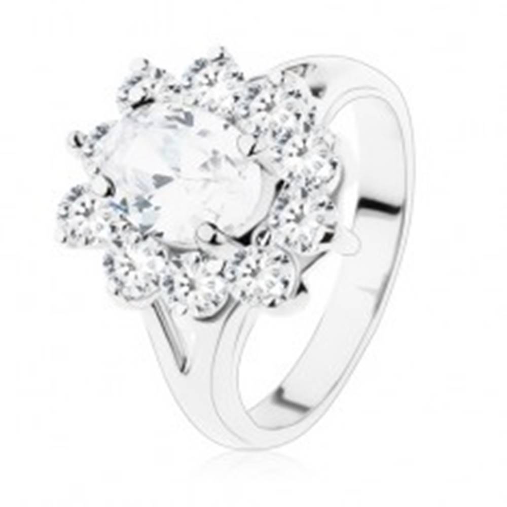 Šperky eshop Trblietavý prsteň so striebornou farbou, rozdvojené ramená a číre zirkóny - Veľkosť: 49 mm