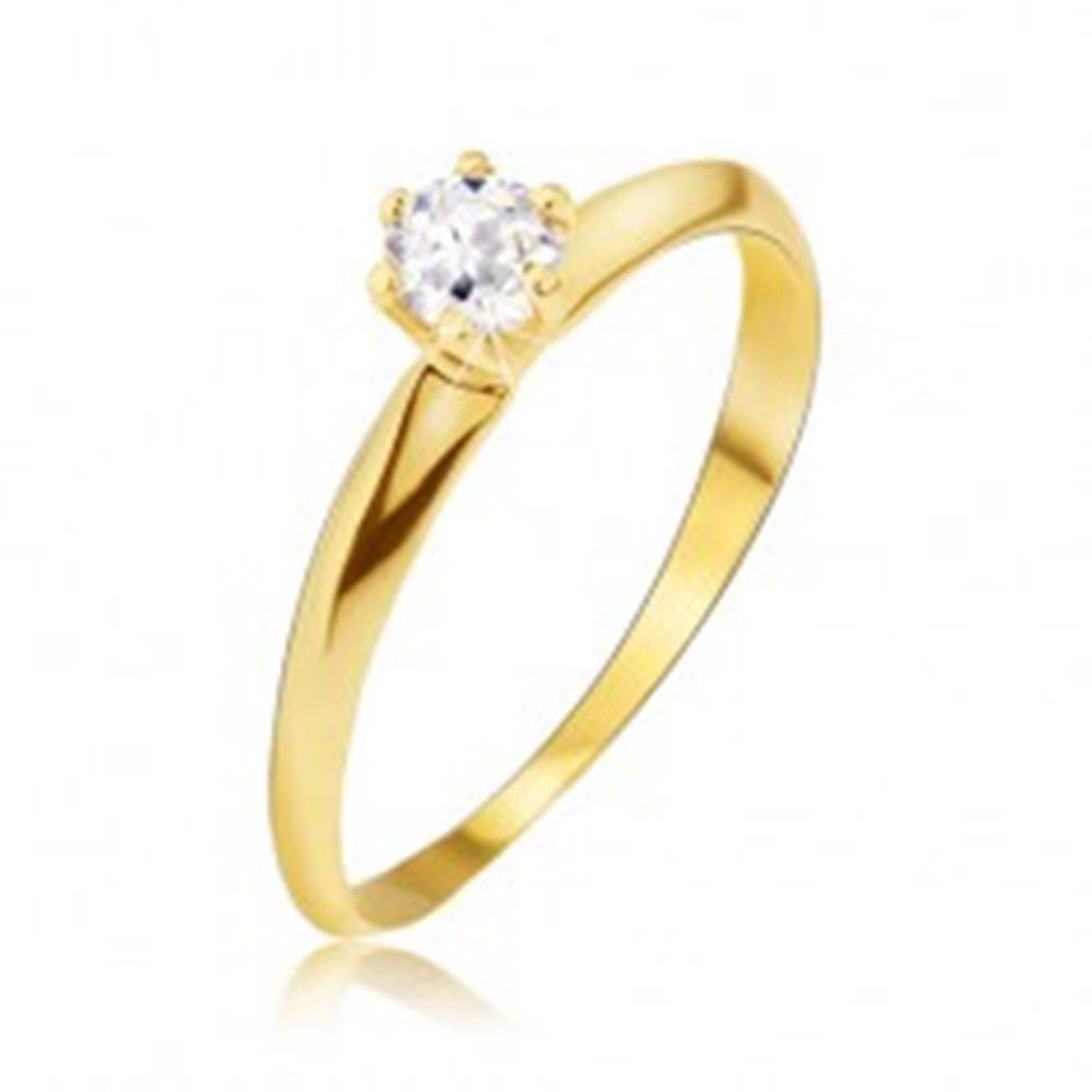 Šperky eshop Zlatý prsteň 585 - lesklé hladké skosené ramená, číry kamienok - Veľkosť: 49 mm