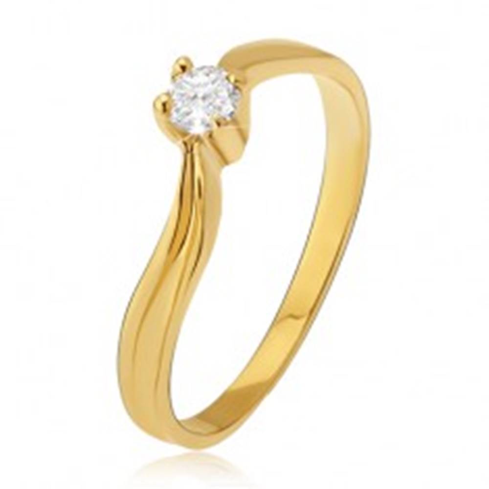 Šperky eshop Zlatý prsteň 585 - lesklé zvlnené ramená, priehlbina, číry kamienok - Veľkosť: 49 mm