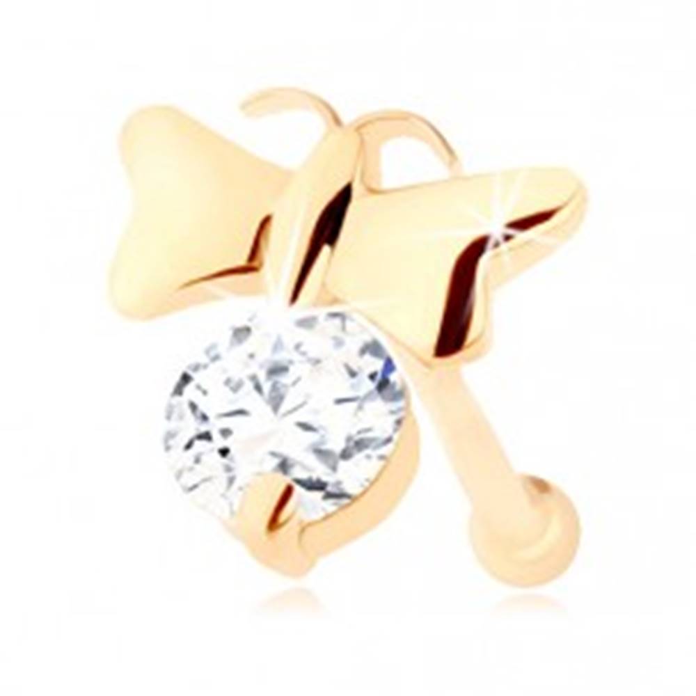 Šperky eshop Briliantový piercing do nosa v žltom 14K zlate - lesklý motýlik a číry diamant