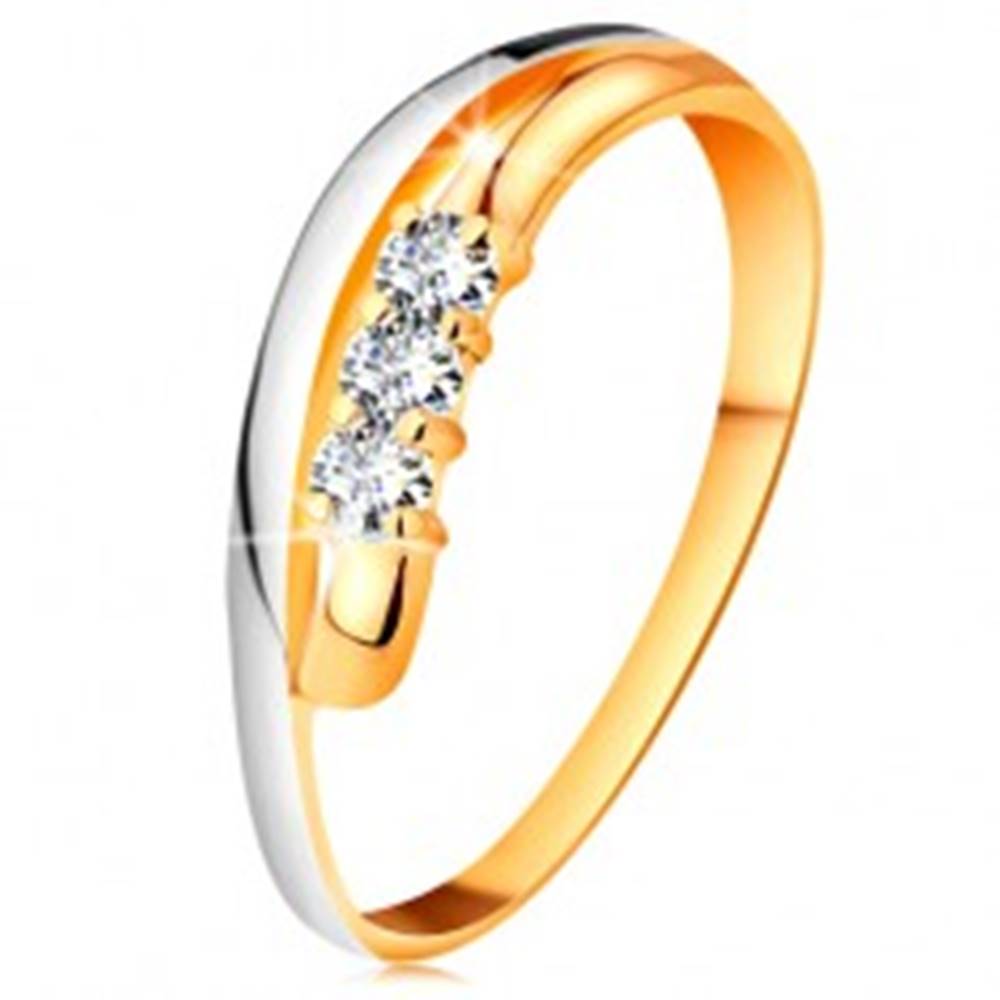 Šperky eshop Briliantový prsteň v 18K zlate, zvlnené dvojfarebné línie ramien, tri číre diamanty - Veľkosť: 51 mm