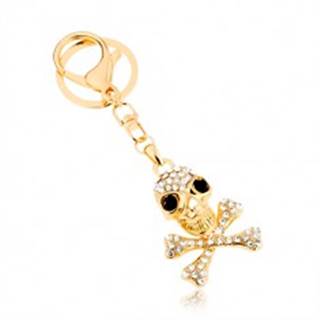 Prívesok na kľúče, zlatý odtieň, lebka s prekríženými kosťami, zirkóny
