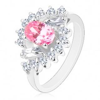 Prsteň v striebornom odtieni, brúsený ovál ružovej farby, číre zirkónové oblúky - Veľkosť: 51 mm