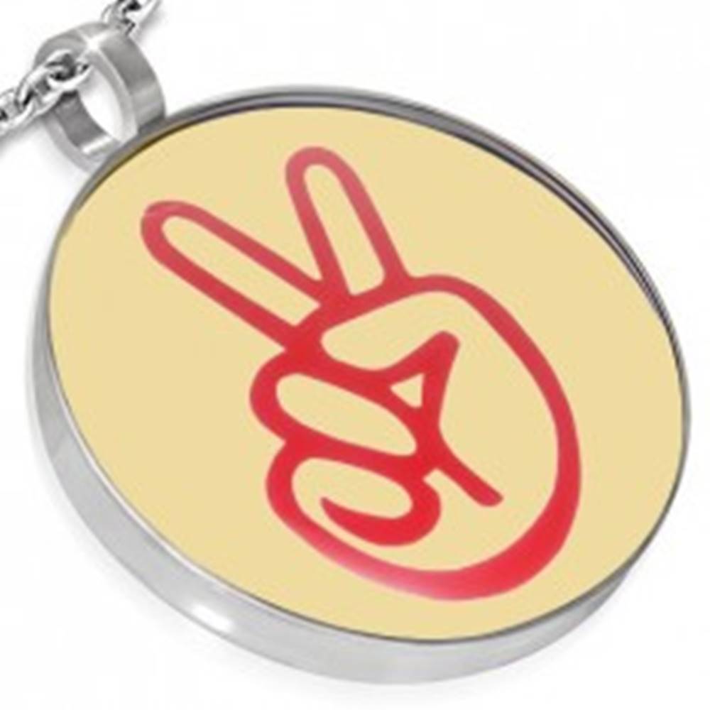 Šperky eshop Oceľový okrúhly prívesok - logo peace, ruka