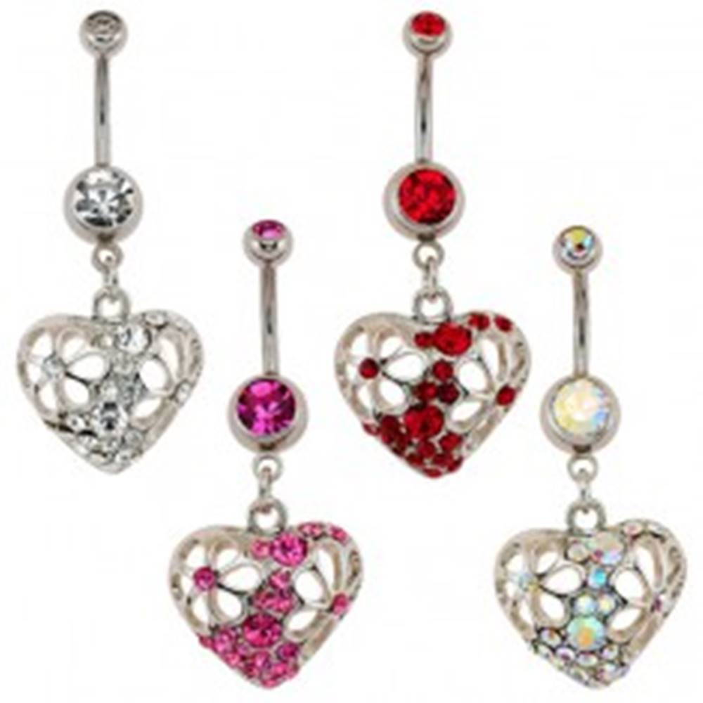 Šperky eshop Piercing do pupku - srdce, vykrajované kvety, zirkóny - Farba: Červená