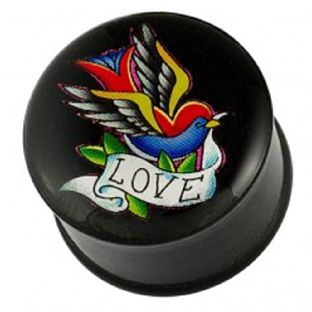 Šperky eshop Plug do ucha - pestrofarebný vtáčik, stuha a nápis LOVE - Hrúbka piercingu: 10 mm