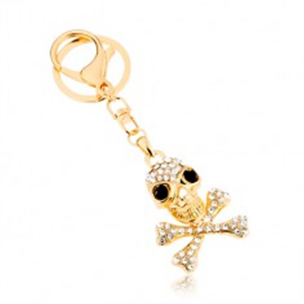 Šperky eshop Prívesok na kľúče, zlatý odtieň, lebka s prekríženými kosťami, zirkóny