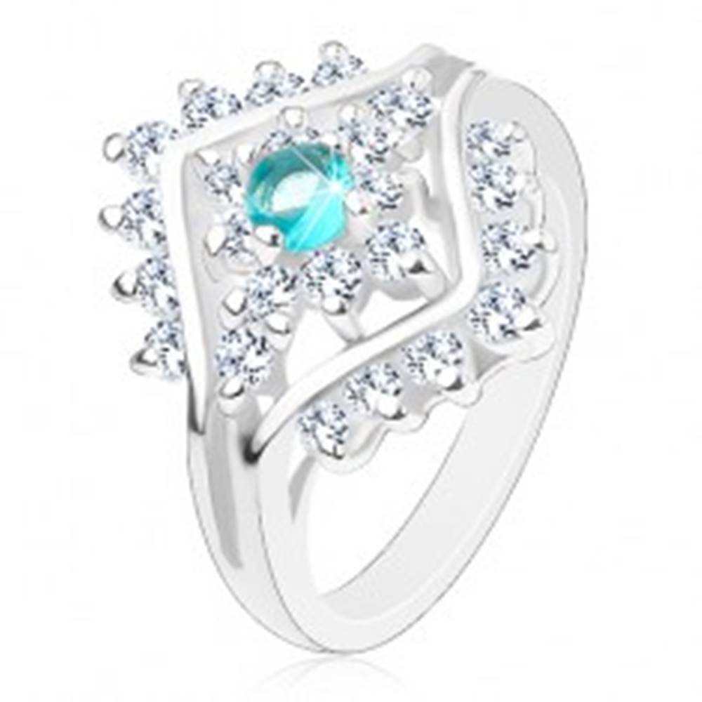 Šperky eshop Prsteň s úzkymi ramenami, okrúhly zirkón akvamarínovej farby, číre zirkóniky - Veľkosť: 48 mm