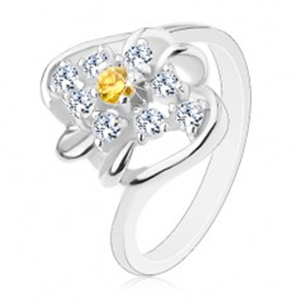 Šperky eshop Prsteň so zahnutými ramenami, žltý okrúhly zirkón s čírym lemovaním, oblúčiky - Veľkosť: 52 mm