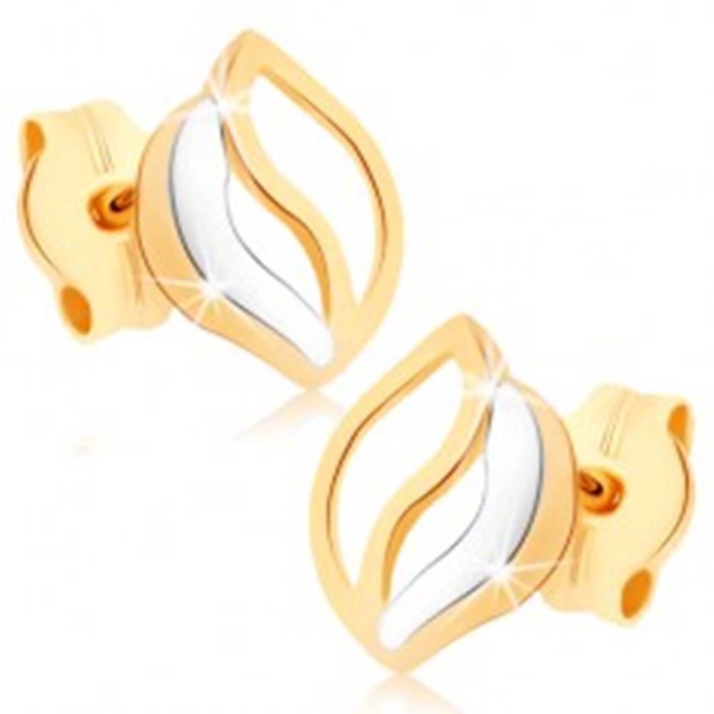 Šperky eshop Puzetové náušnice v žltom 9K zlate - tri zvlnené línie, dvojfarebné