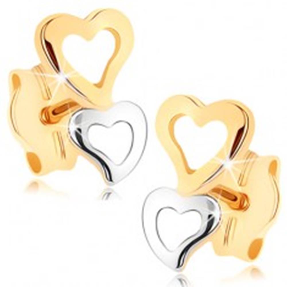 Šperky eshop Zlaté náušnice 375 - dve srdcové kontúry v dvojfarebnom prevedení