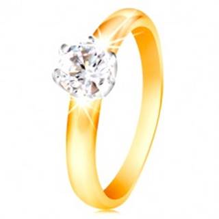 Zlatý 14K dvojfarebný prsteň - číry zirkón v šesťcípom kotlíku, vypuklé ramená - Veľkosť: 48 mm