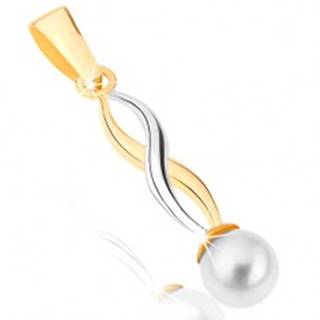 Zlatý prívesok 375 - lesklé dvojfarebné vlnky, guľatá perla bielej farby