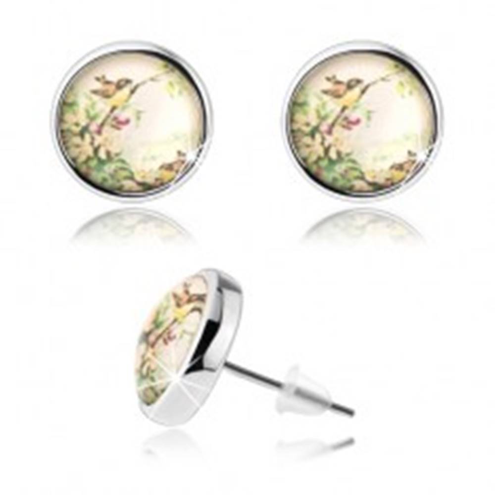 Šperky eshop Kabošon náušnice s čírou vypuklou glazúrou, dva malé vtáčiky, kvety