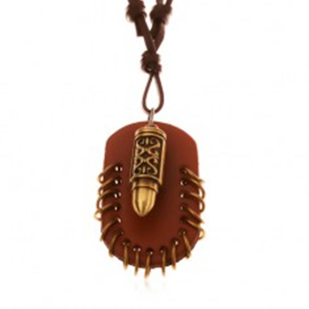 Šperky eshop Náhrdelník z umelej kože, prívesky - hnedý ovál s krúžkami a náboj