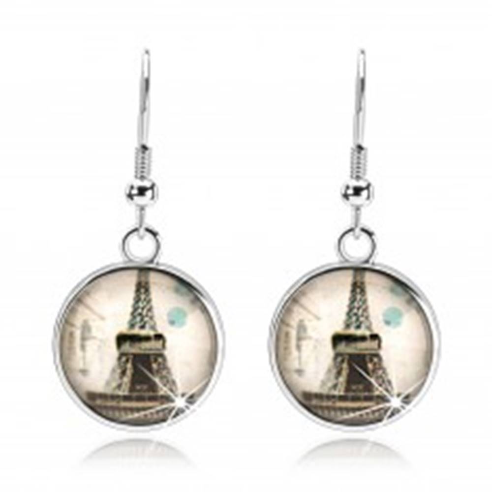 Šperky eshop Náušnice s čírym vypuklým sklom, Eiffelova veža, béžový podklad