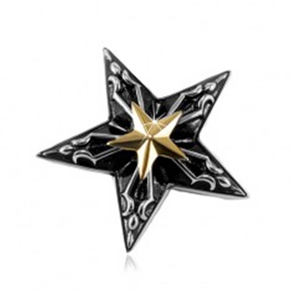 Šperky eshop Oceľový prívesok, veľká čierna hviezda s malou hviezdou zlatej farby v strede