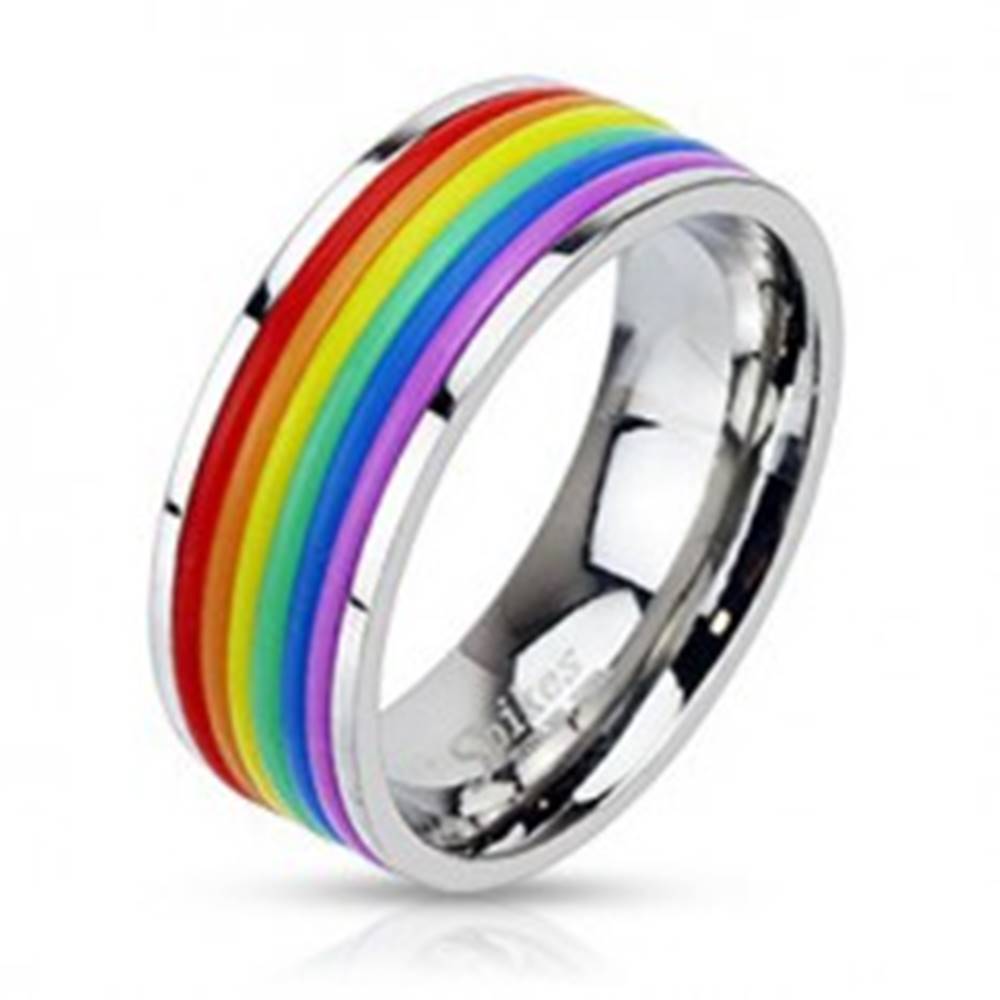 Šperky eshop Oceľový prsteň s dúhovým gumeným stredom - Veľkosť: 54 mm