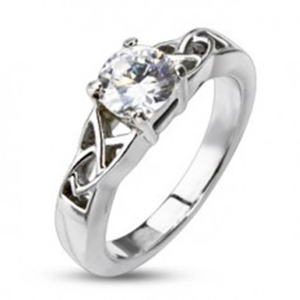 Šperky eshop Oceľový zásnubný prsteň - uzlíky okolo okrúhleho zirkónu - Veľkosť: 48 mm