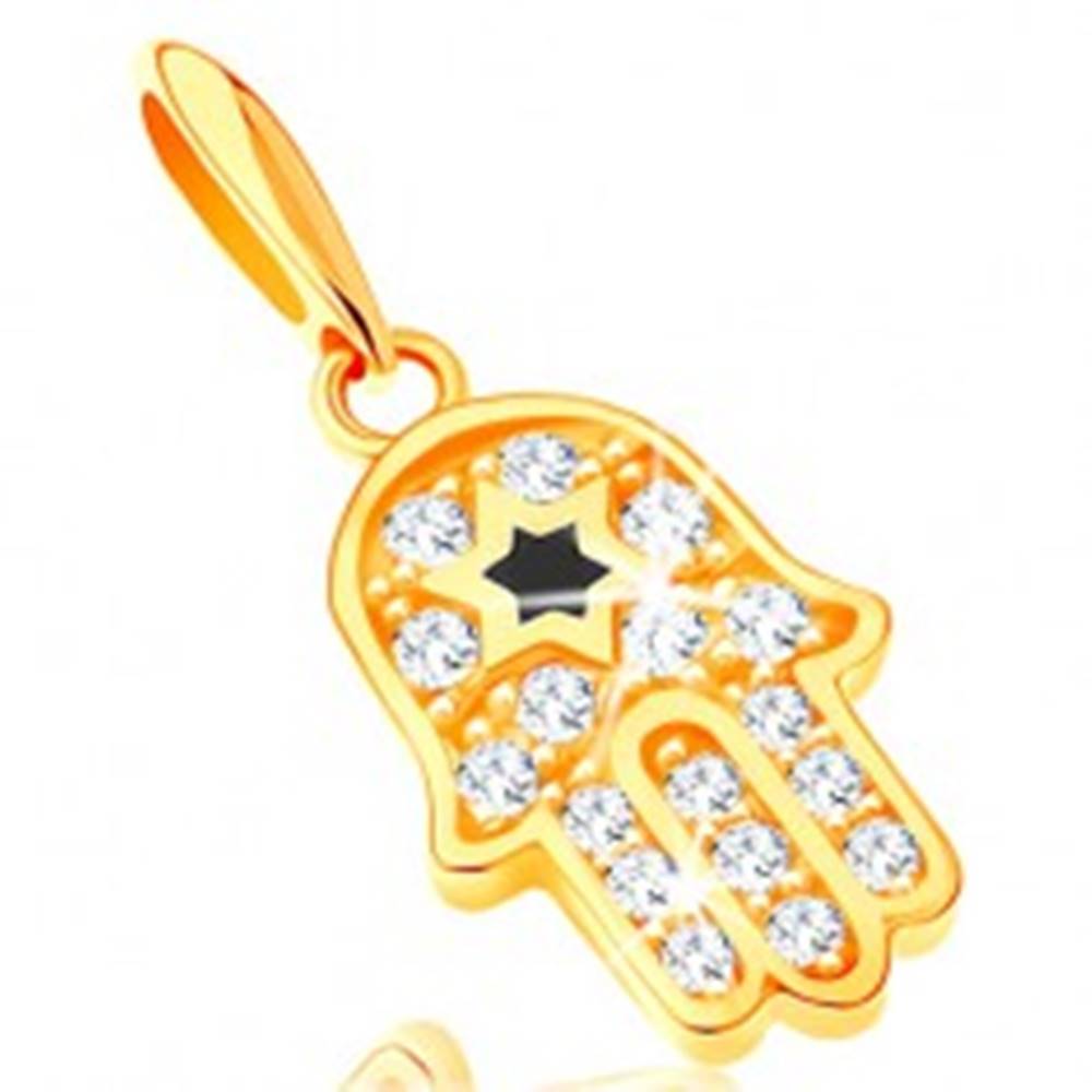 Šperky eshop Prívesok zo žltého 14K zlata - symbol Hamsa s čírymi zirkónmi a čiernou hviezdou