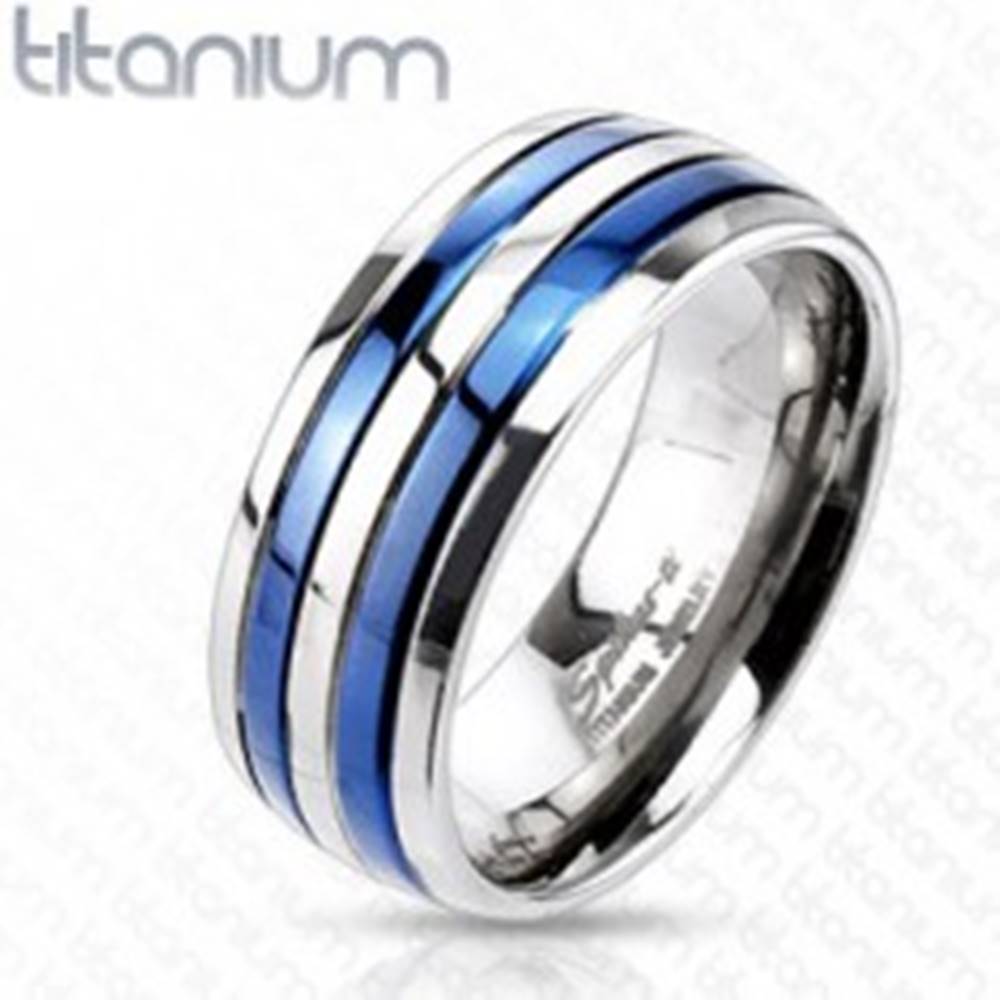 Šperky eshop Prsteň z titánu s dvoma modrými pruhmi - Veľkosť: 49 mm