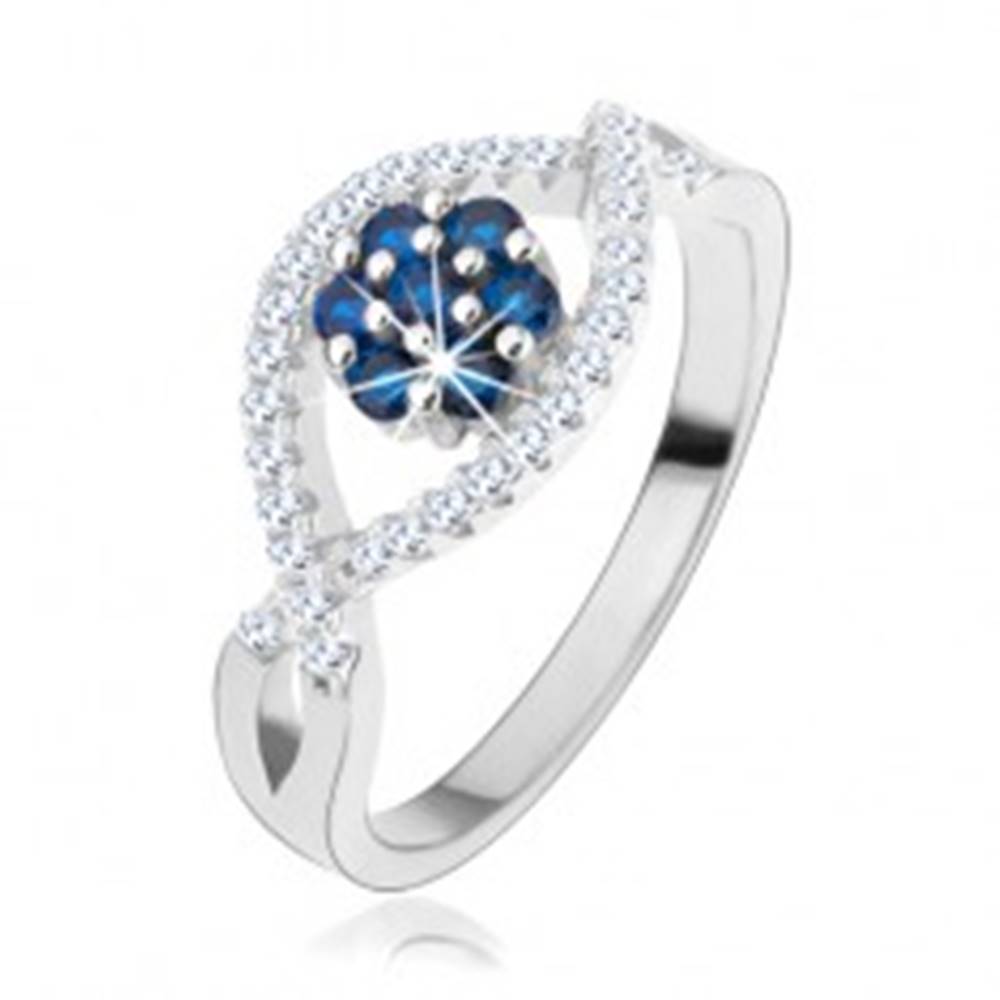 Šperky eshop Prsteň zo striebra 925, zvlnené zirkónové línie, ligotavý kvet z modrých zirkónov - Veľkosť: 49 mm