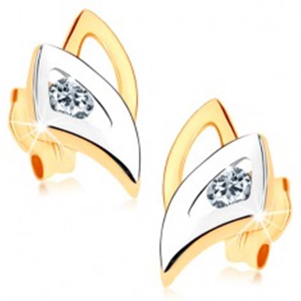 Šperky eshop Puzetové náušnice v 9K zlate - dvojfarebné obrysy trojuholníkov, číry zirkónik