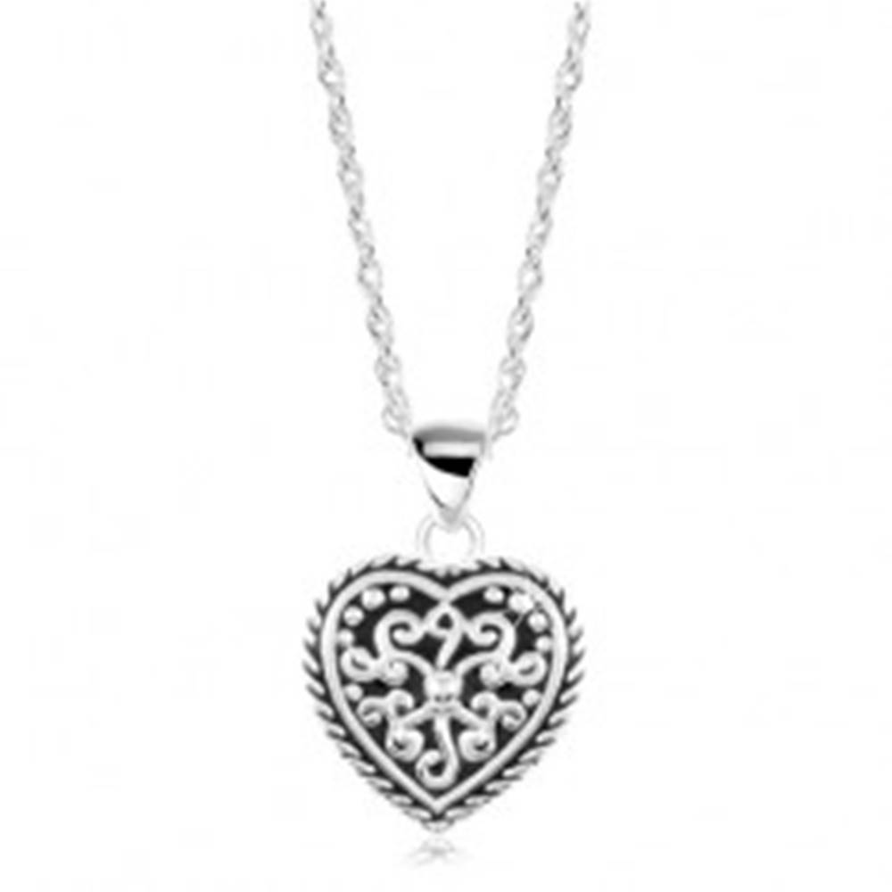 Šperky eshop Strieborný náhrdelník 925, srdce s patinou a ornamentmi